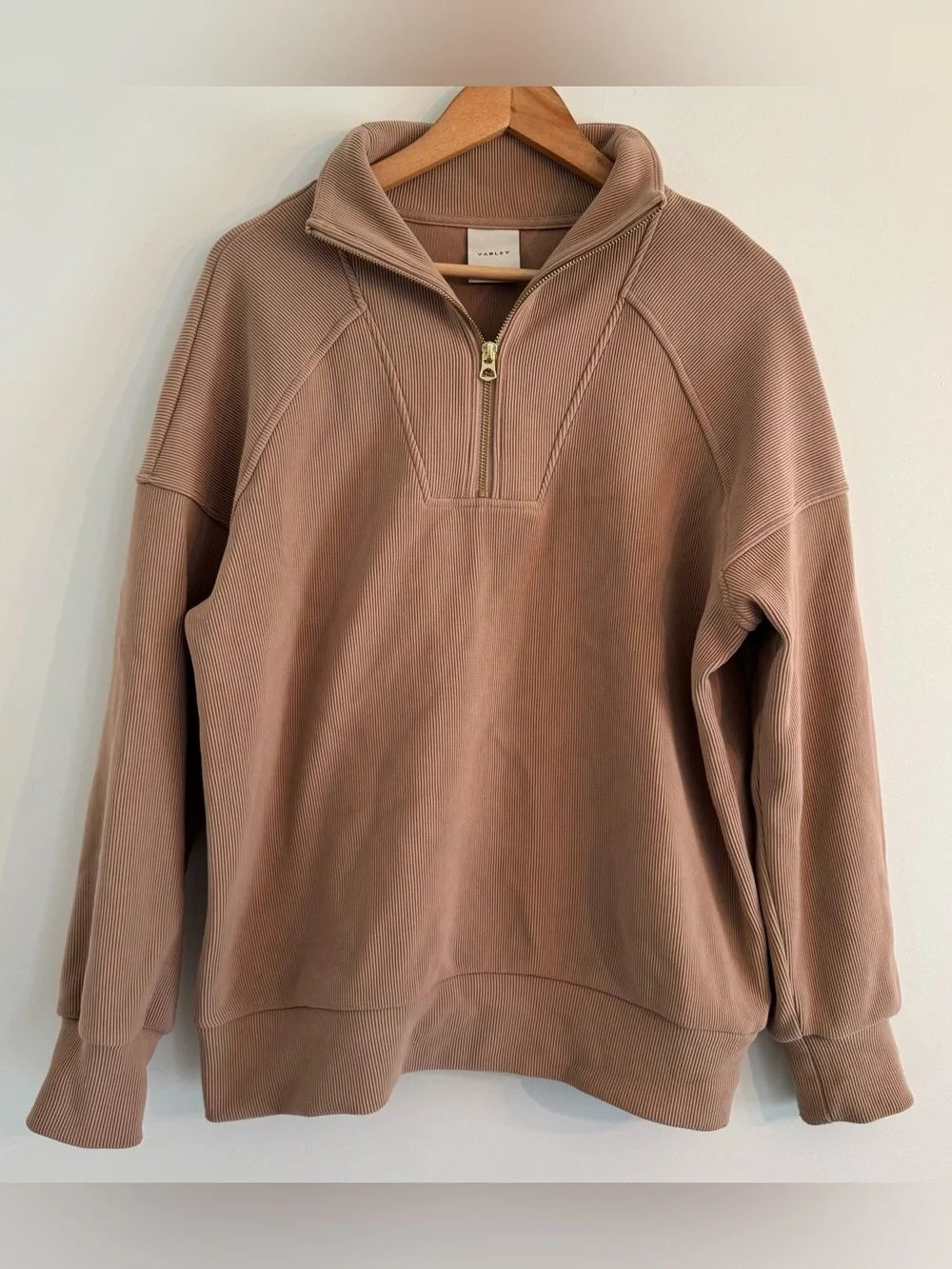 Varley Rhea Half Zip Sweat Womens M Tan Ottoman Ribbed Pullover Anthro *flaws